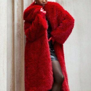 Red Casual Women's Faux Fur Jacket Coat